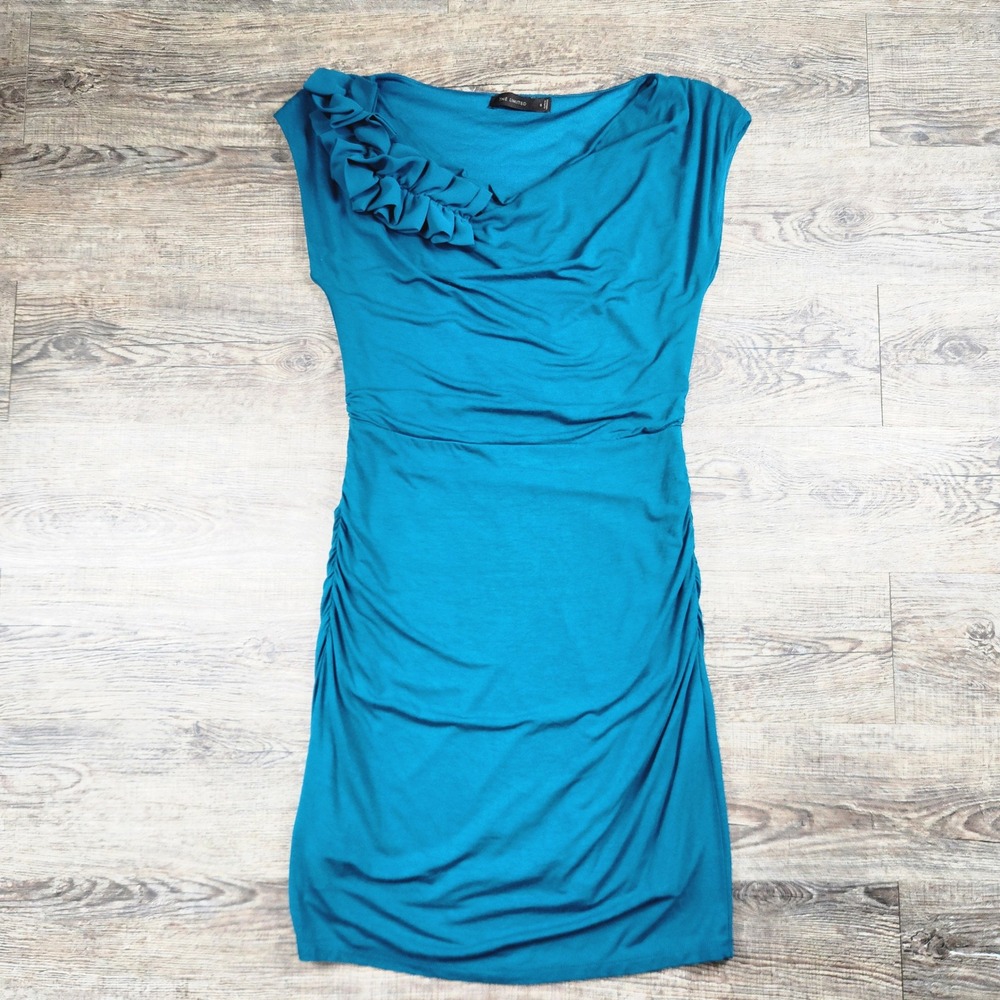 The Limited Teal Blue Ruffle Cowl Neck Ruched Sheath Dress Small